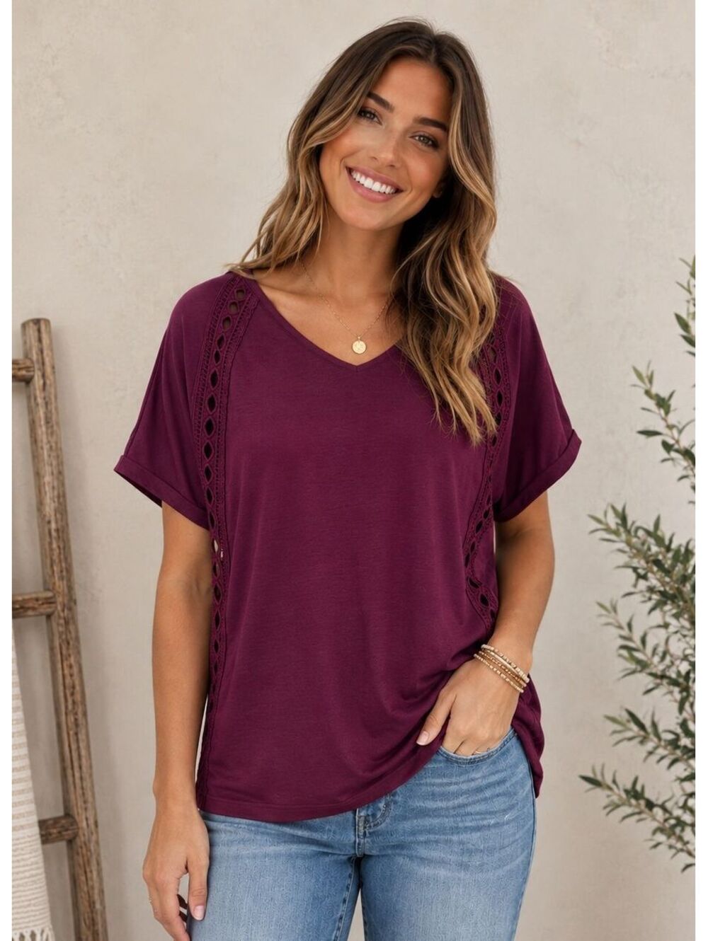 1052 NWT UEU Medium Oversize  24” PTP Plum V-Neck Top Crochet Detail A0001052